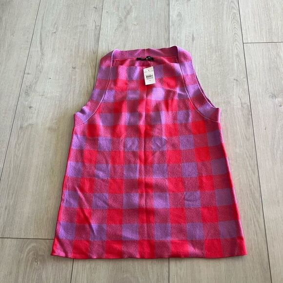Ann Taylor Knit Checked Plaid Knit Sleeveless Top Wom-ens M Purple Pink Crew Nec - Picture 1 of 6